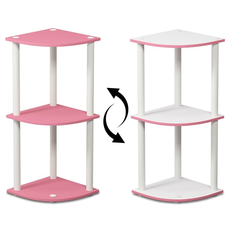Furinno TURN-N-TUBE Wood 3-Tier Reversible Corner Display Rack in Pink/White