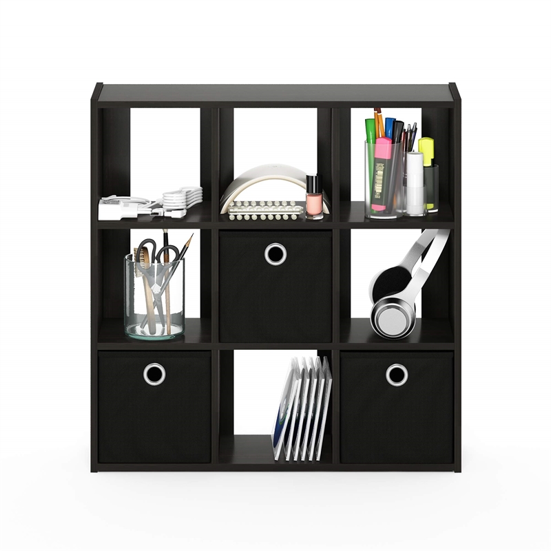 Furinno Engineered Wood Simplistic 9-Cube Organizer with Bins in Espresso/Black