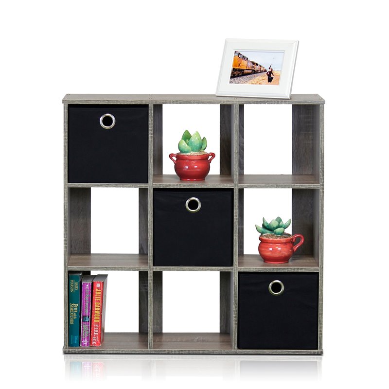 Furinno Engineered Wood Simplistic 9-Cube Organizer with Bins in Gray/Black