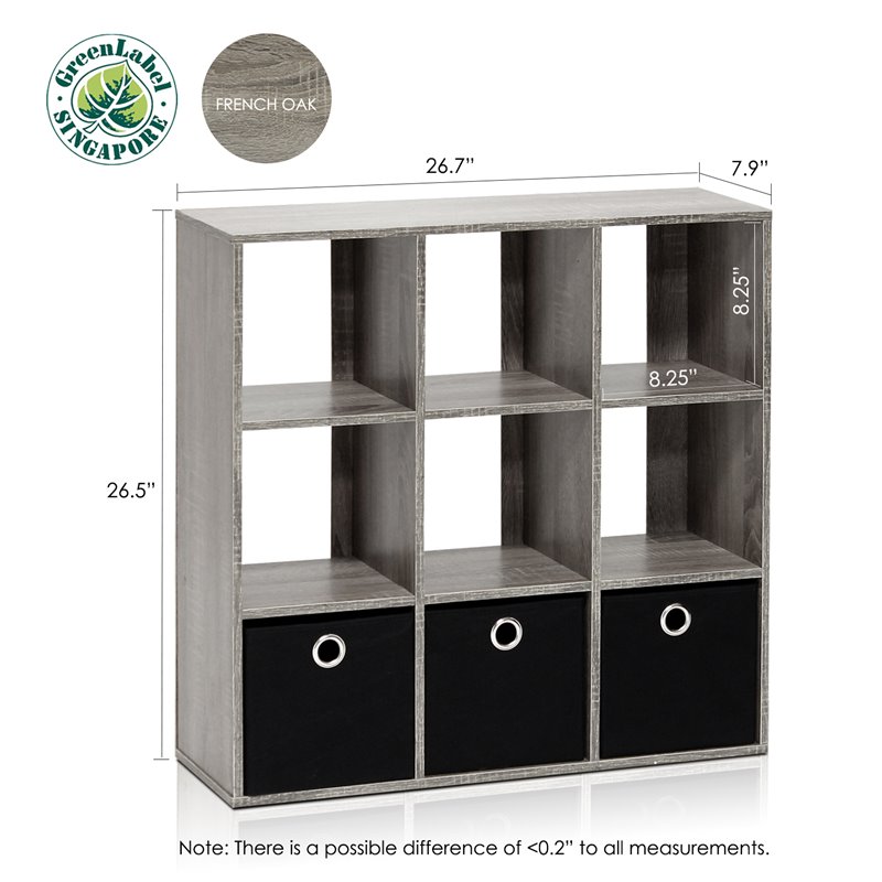 Furinno Engineered Wood Simplistic 9-Cube Organizer with Bins in Gray/Black