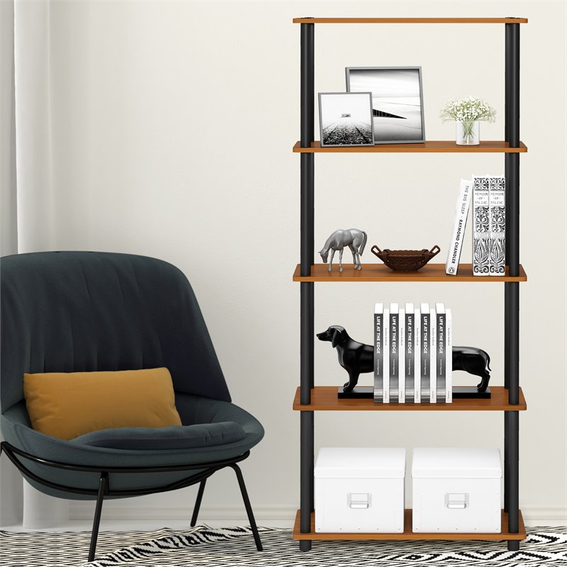Furinno TURN-N-TUBE Wood 5-Tier Shelf Display Rack in Light Cherry/Black