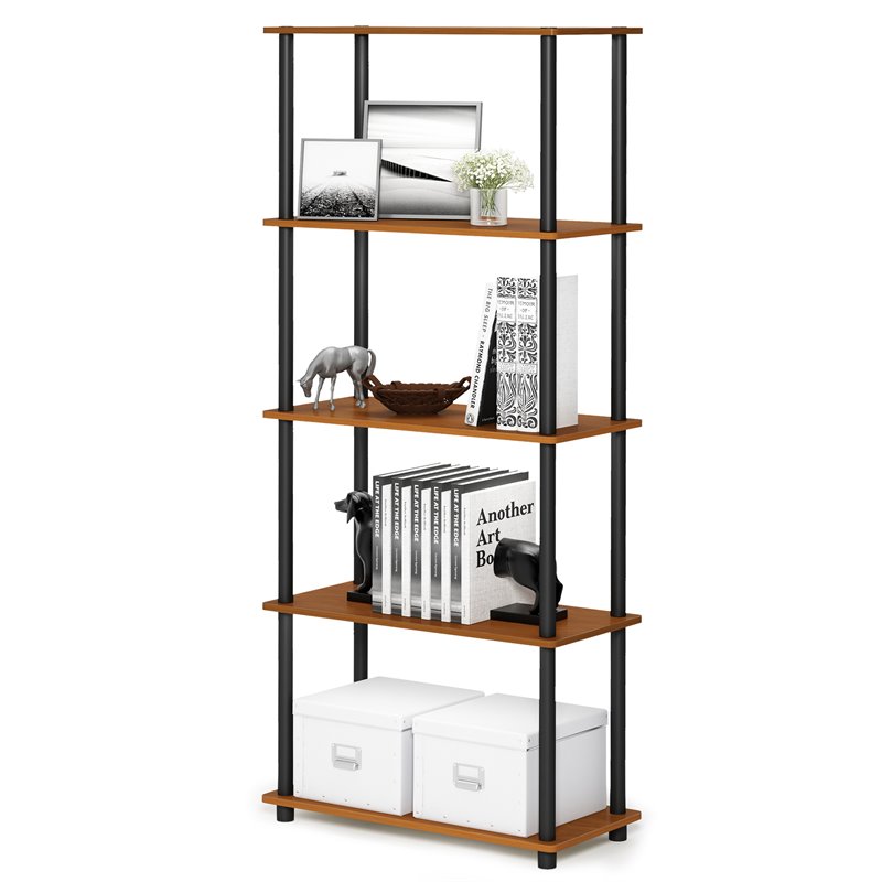 Furinno TURN-N-TUBE Wood 5-Tier Shelf Display Rack in Light Cherry/Black