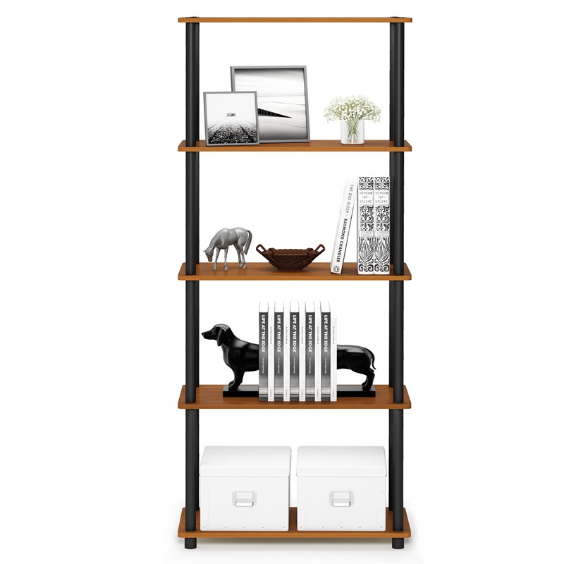 Furinno TURN-N-TUBE Wood 5-Tier Shelf Display Rack in Light Cherry/Black