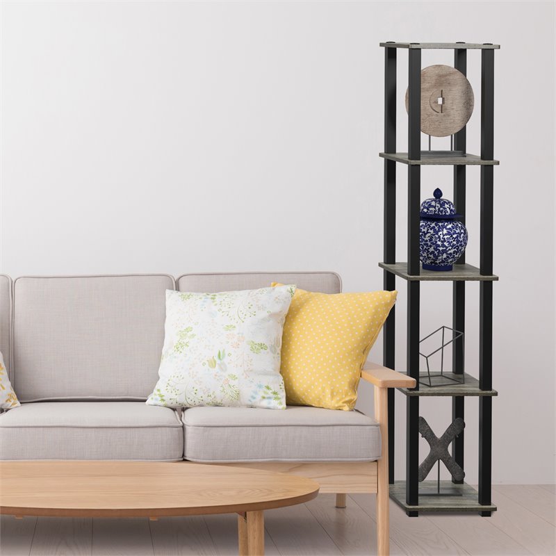 Furinno Turn-S-Tube Wood 5-Tier Corner Rack Display Shelf in Oak Gray/Black