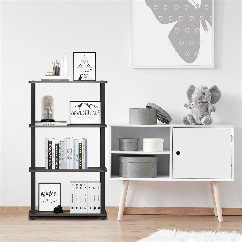 Furinno TURN-S-TUBE Wood 4-Tier Shelf Display Rack in French Oak Gray/Black