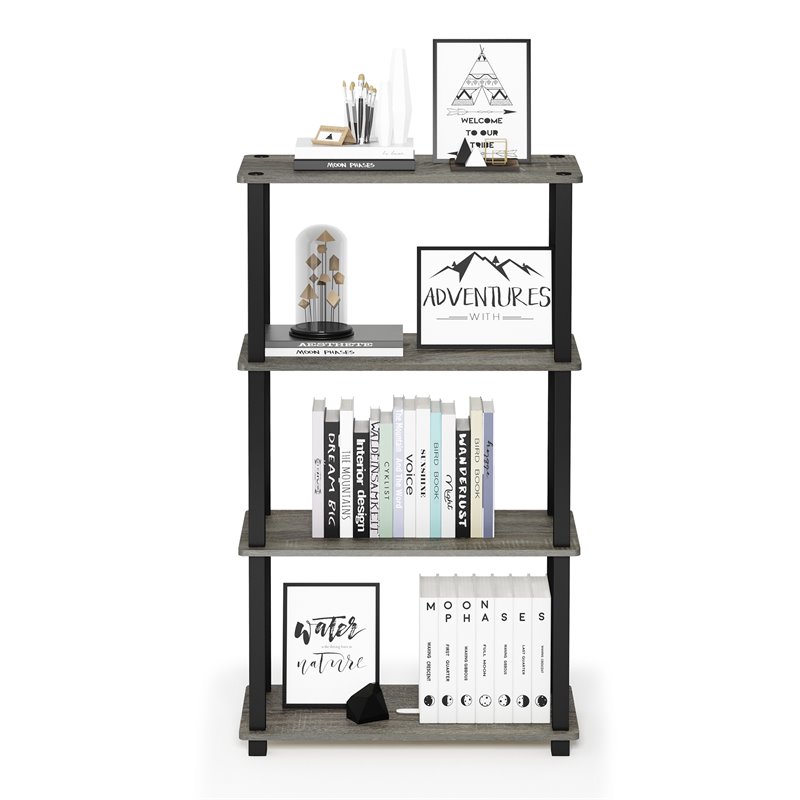 Furinno TURN-S-TUBE Wood 4-Tier Shelf Display Rack in French Oak Gray/Black