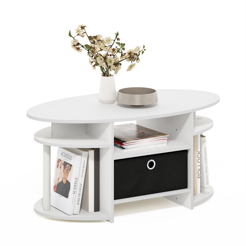 Furinno JAYA Simple Design Oval Coffee Table with Bin in White/White/Black
