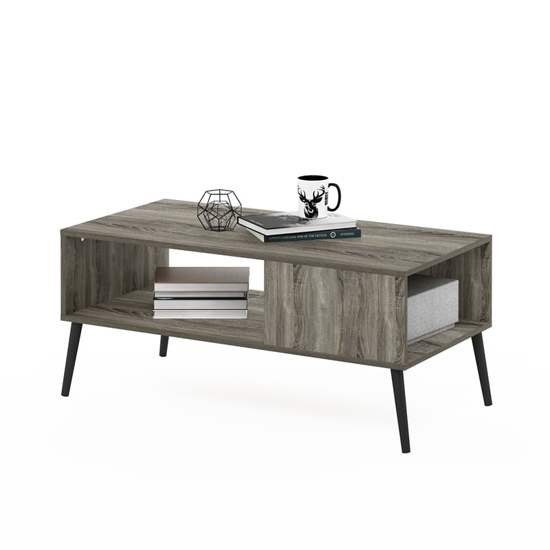 Furinno Claude Mid Century Style Coffee Table with Wood Legs in French Oak Grey