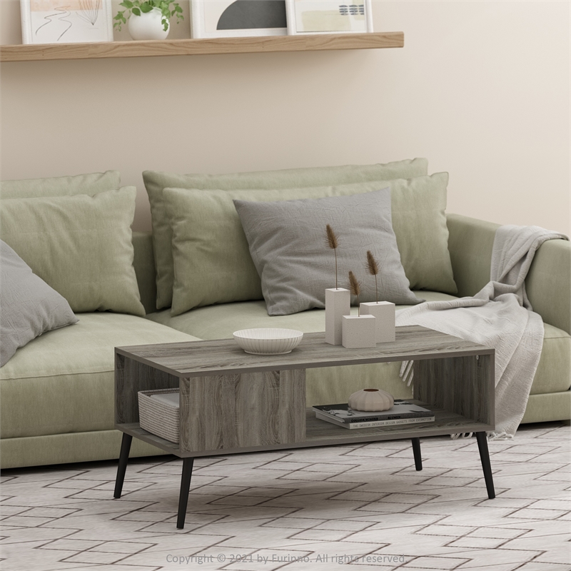 Furinno Claude Mid Century Style Coffee Table with Wood Legs in French Oak Grey