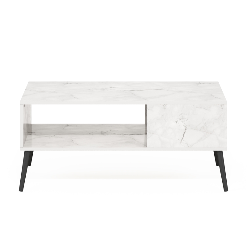 Furinno Claude Mid Century Style Coffee Table with Wood Legs in Marble White