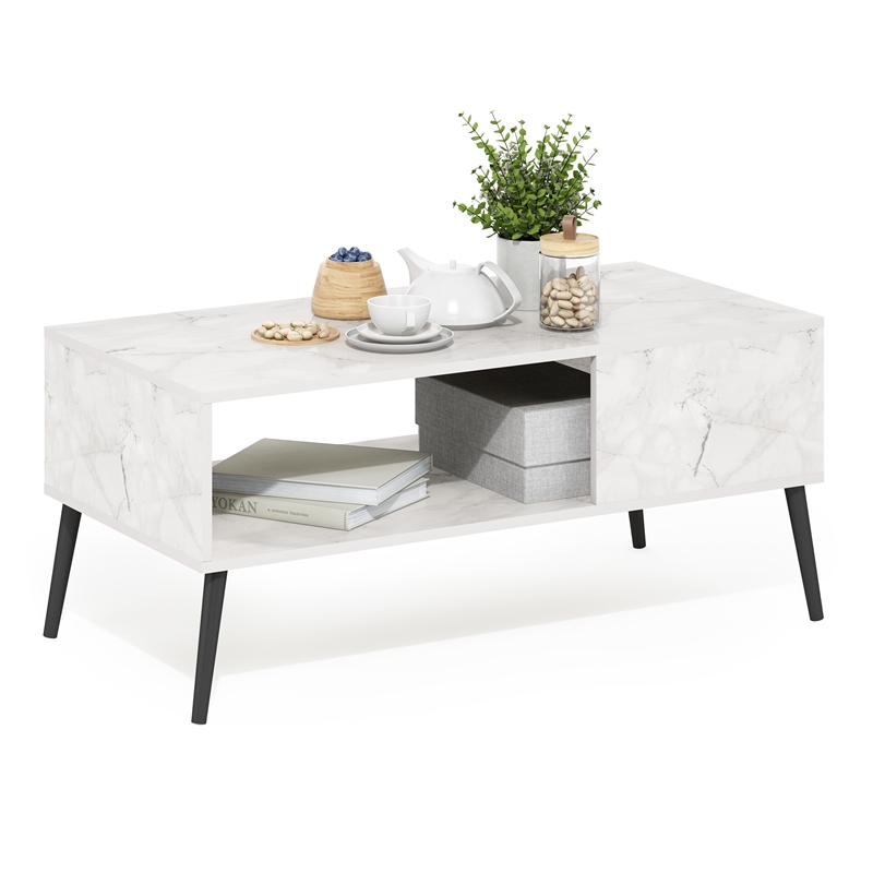 Furinno Claude Mid Century Style Coffee Table with Wood Legs in Marble White