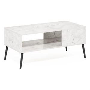Furinno Claude Mid Century Style Coffee Table with Wood Legs in Marble White