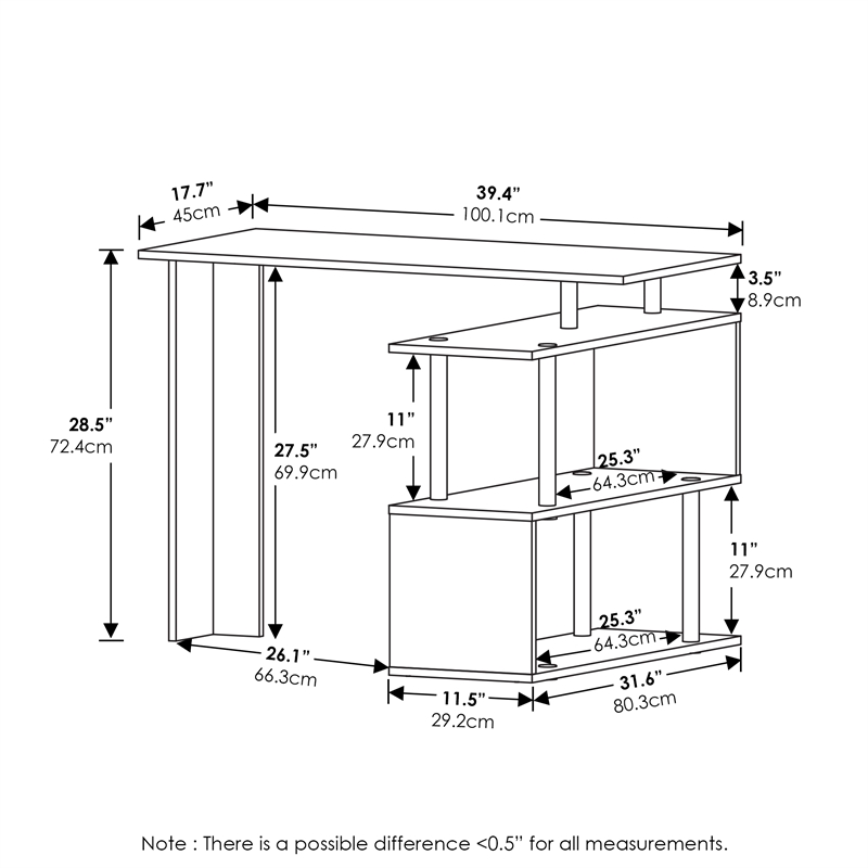 Furinno Moore L-Shape Computer Desk with 3-Tier Shelves in Americano/Black
