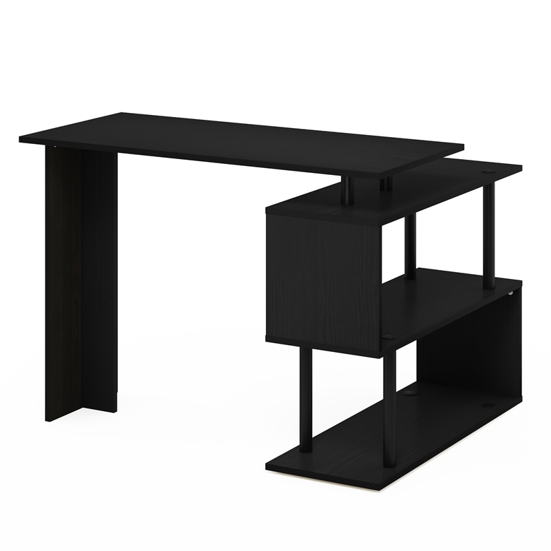 Furinno Moore L-Shape Computer Desk with 3-Tier Shelves in Americano/Black