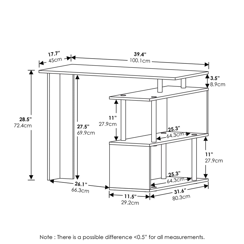 Furinno Moore L-Shape Computer Desk with 3-Tier Shelves in French Oak/Black
