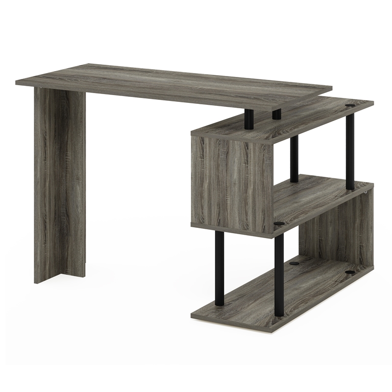 Furinno Moore L-Shape Computer Desk with 3-Tier Shelves in French Oak/Black