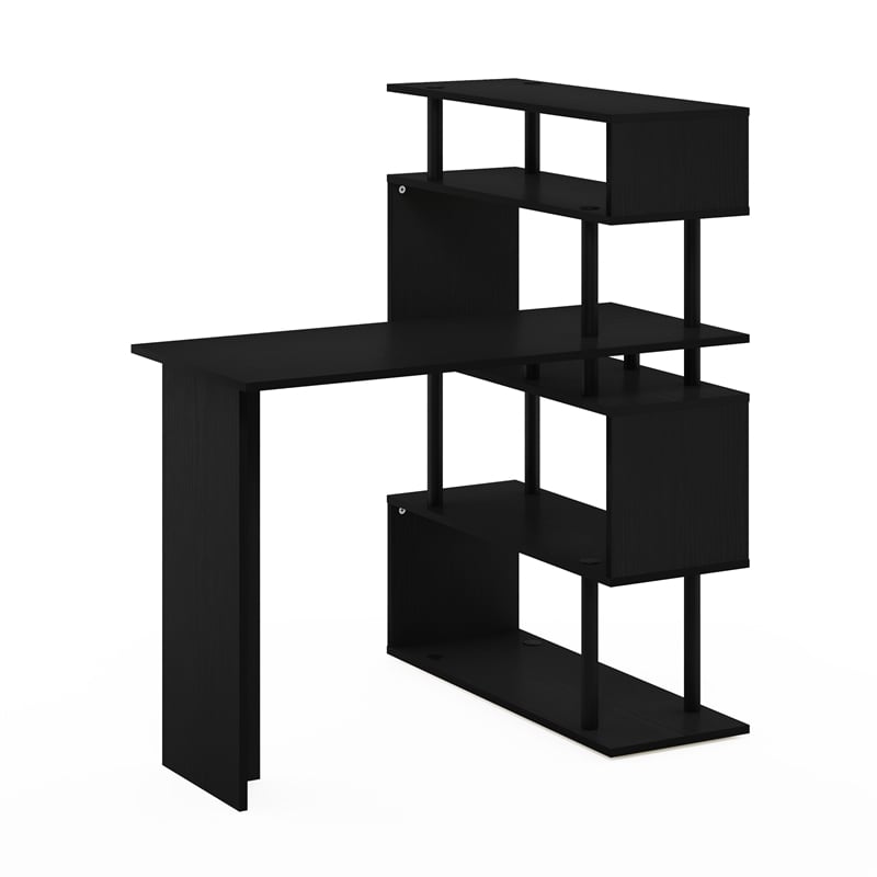 Furinno Moore L-Shape Computer Desk with 5-Tier Shelves in Americano/Black