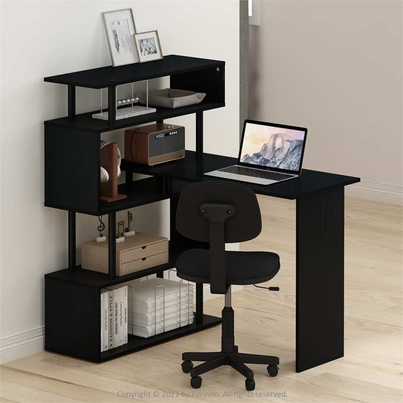 Furinno Moore L-Shape Computer Desk with 5-Tier Shelves in Americano/Black