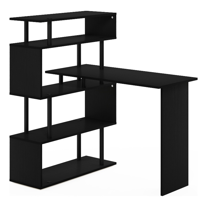 Furinno Moore L-Shape Computer Desk with 5-Tier Shelves in Americano/Black
