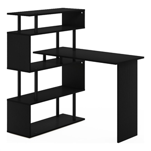 Furinno Moore L-Shape Computer Desk with 5-Tier Shelves in Americano/Black