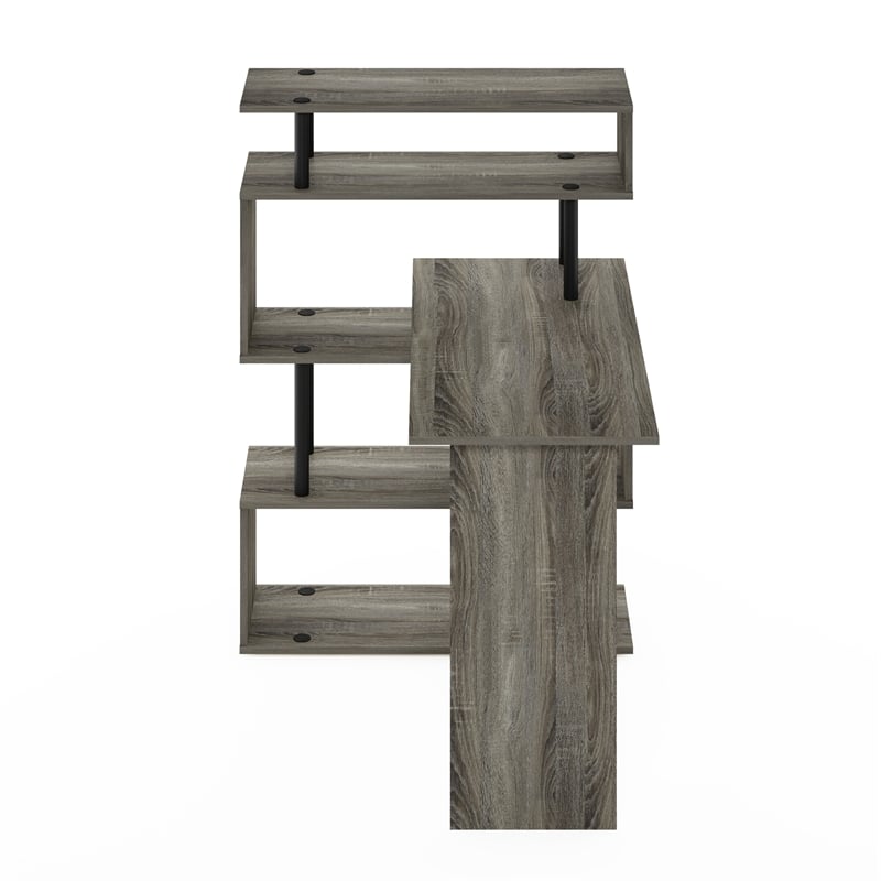 Furinno Moore L-Shape Computer Desk with 5-Tier Shelves in French Oak/Black