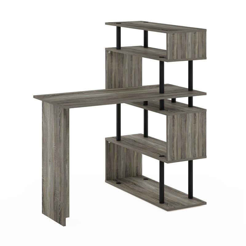 Furinno Moore L-Shape Computer Desk with 5-Tier Shelves in French Oak/Black