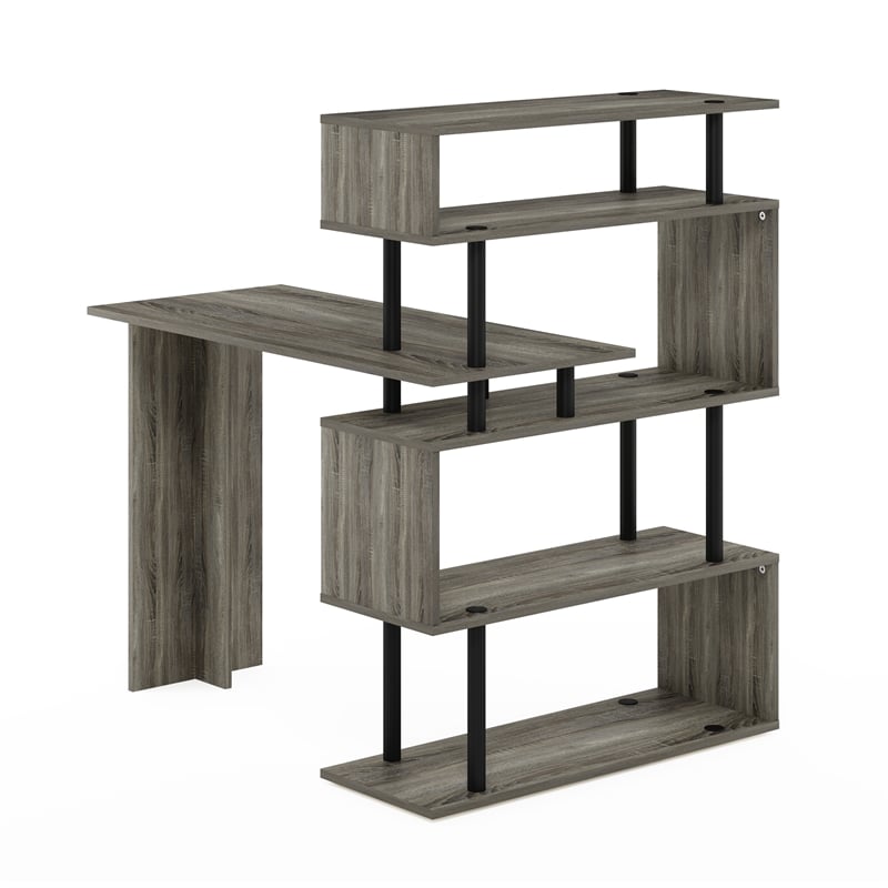 Furinno Moore L-Shape Computer Desk with 5-Tier Shelves in French Oak/Black