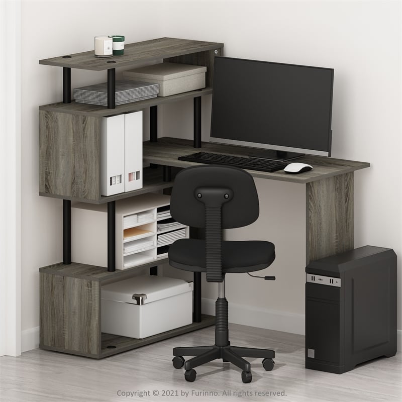 Furinno Moore L-Shape Computer Desk with 5-Tier Shelves in French Oak/Black