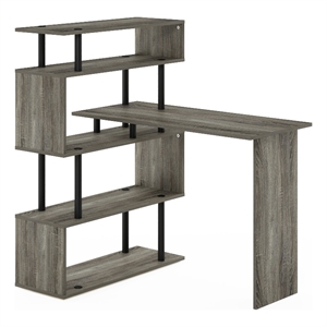 Furinno Moore L-Shape Computer Desk with 5-Tier Shelves in French Oak/Black