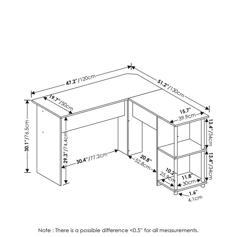 Furinno L-Shape Desk with Stainless Steel Tubes in Americano