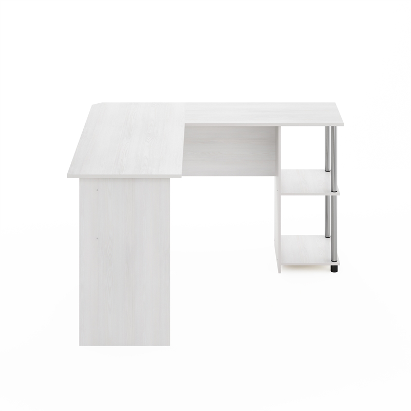 Furinno L-Shape Desk with Stainless Steel Tubes in White Oak
