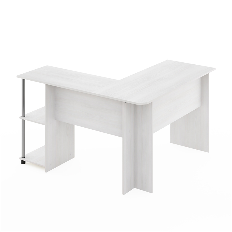 Furinno L-Shape Desk with Stainless Steel Tubes in White Oak