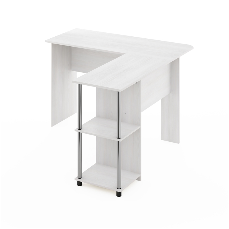Furinno L-Shape Desk with Stainless Steel Tubes in White Oak
