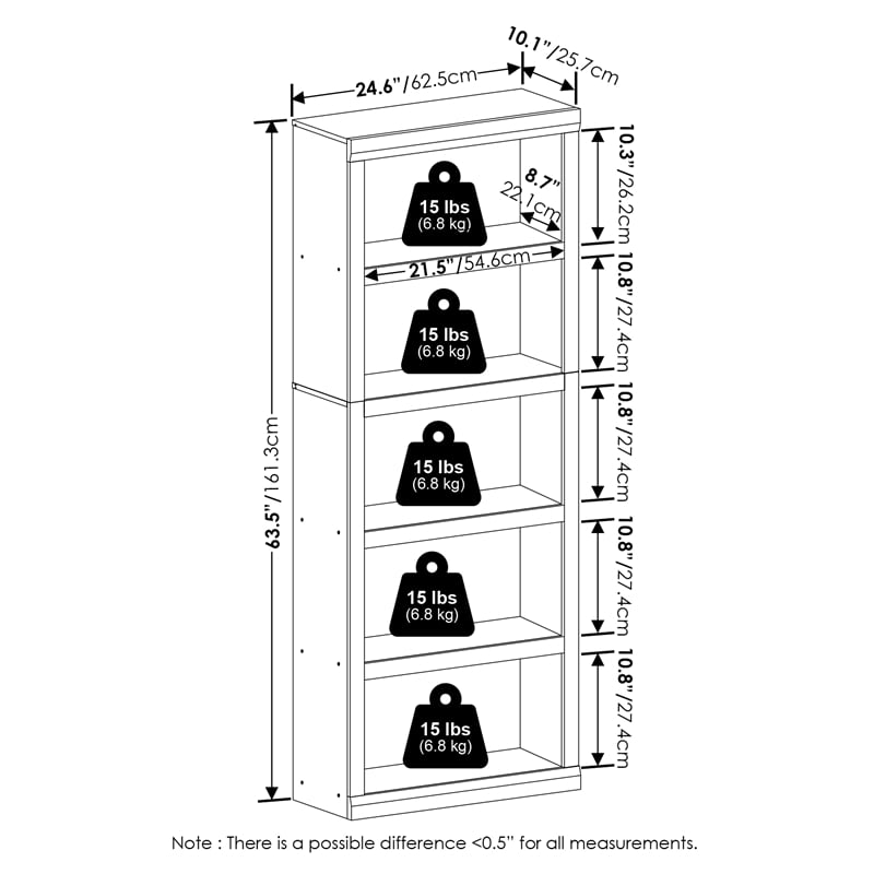 Furinno Rail 5-Tier Open Shelf Bookcase in Amber Pine