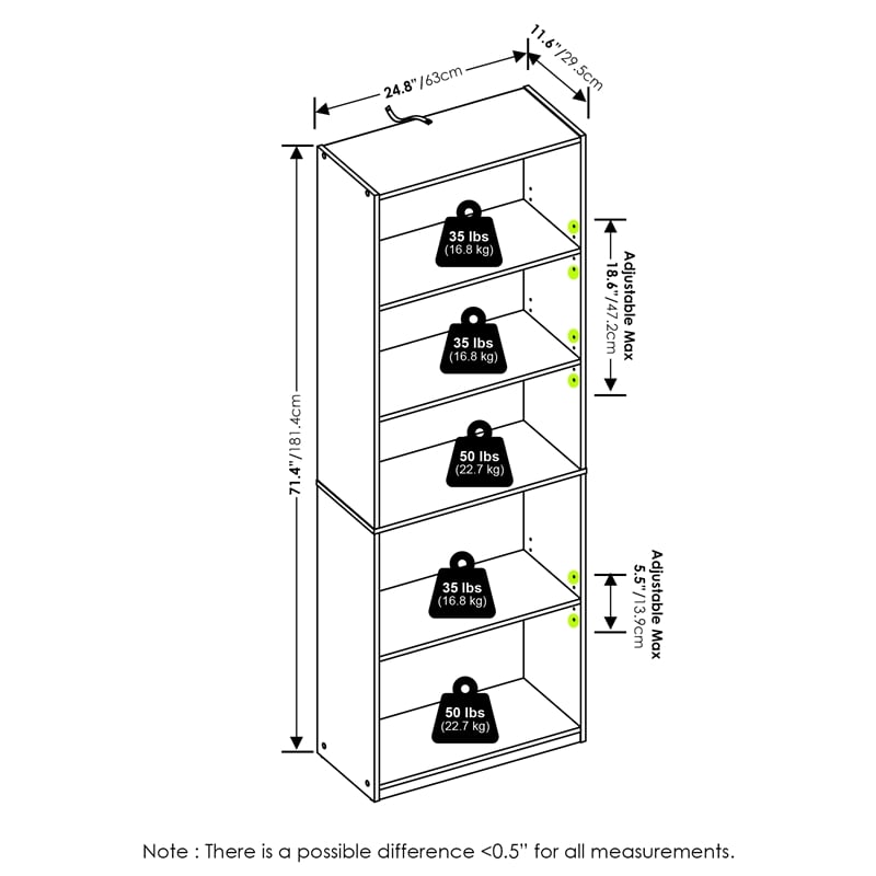 Furinno Gehry 5-Tier Bookcase in Bookshelf with Adjustable Shelves in Amber Pine