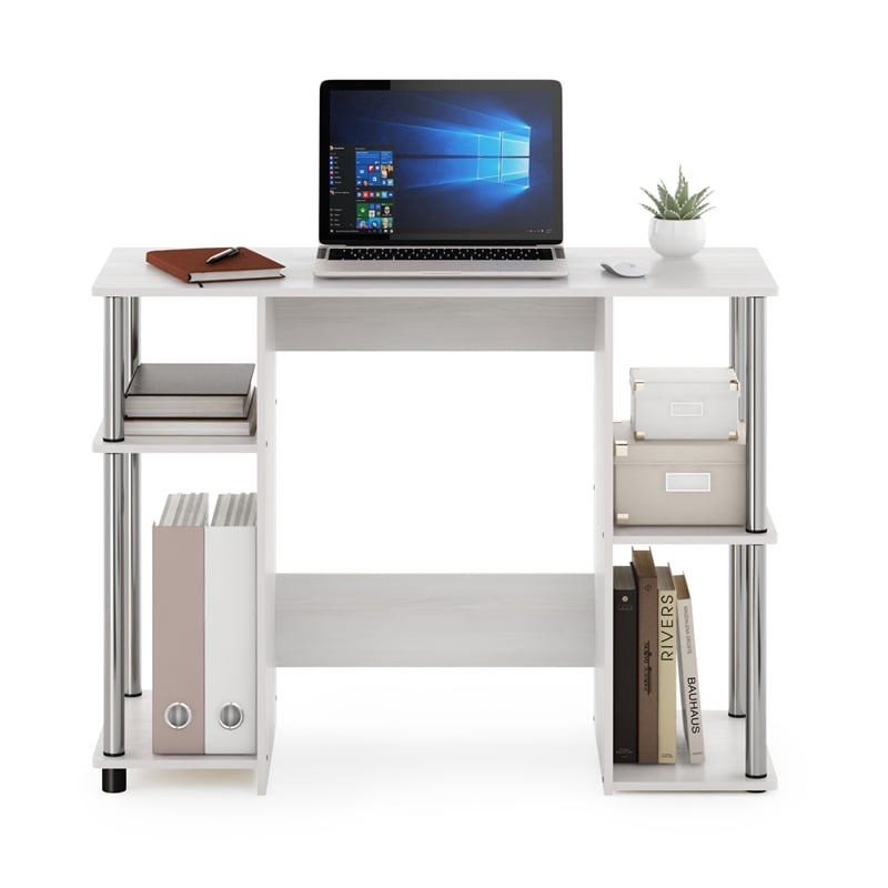 Furinno JAYA Compact Computer Study Desk in White Oak in Stainless Steel Tubes