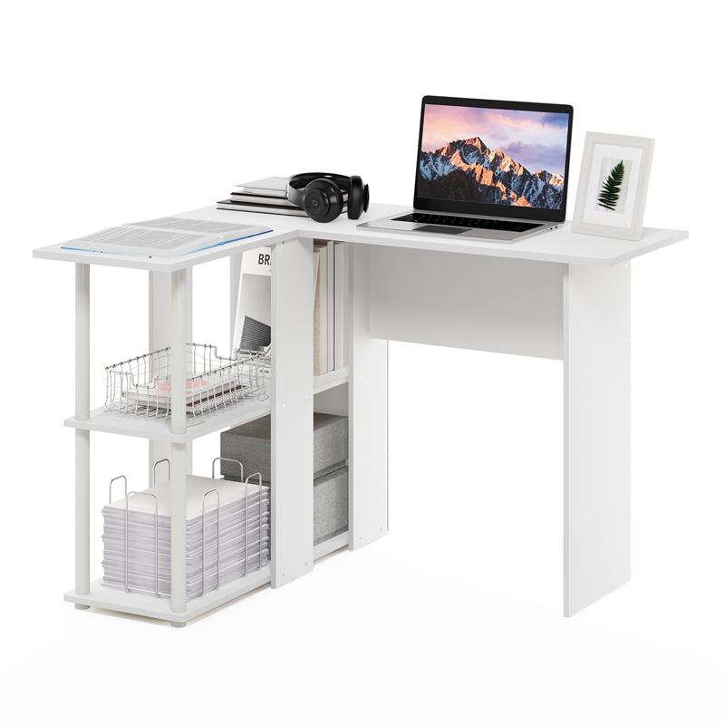 Furinno Abbott L-Shape Desk with Bookshelf in White/White