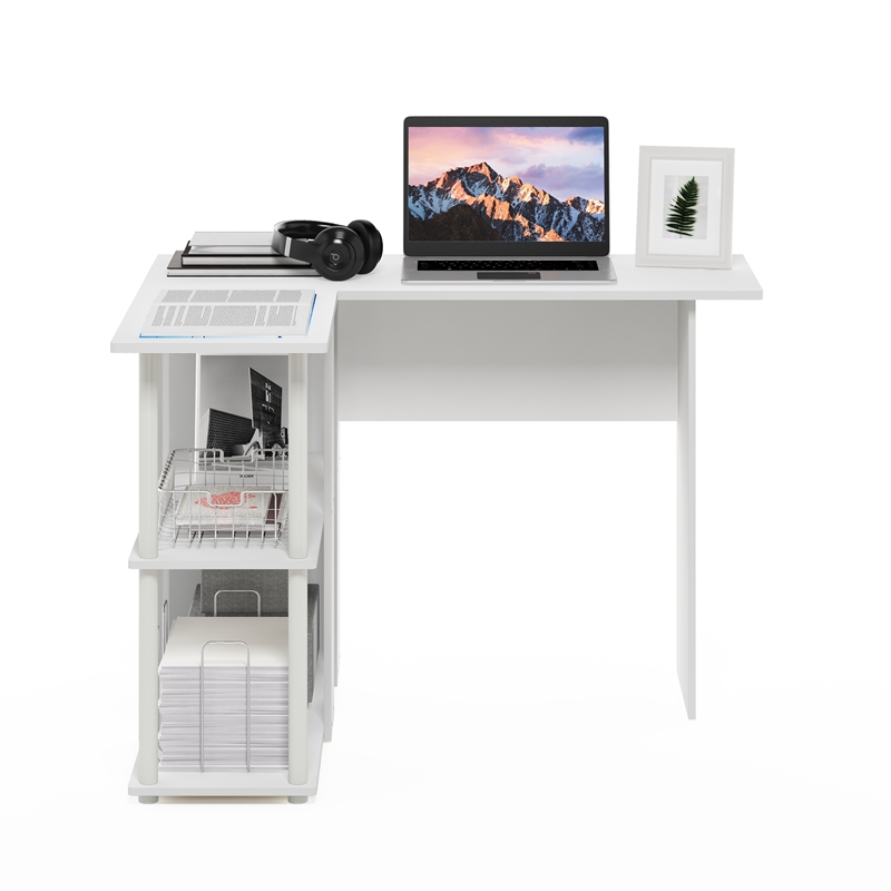 Furinno Abbott L-Shape Desk with Bookshelf in White/White
