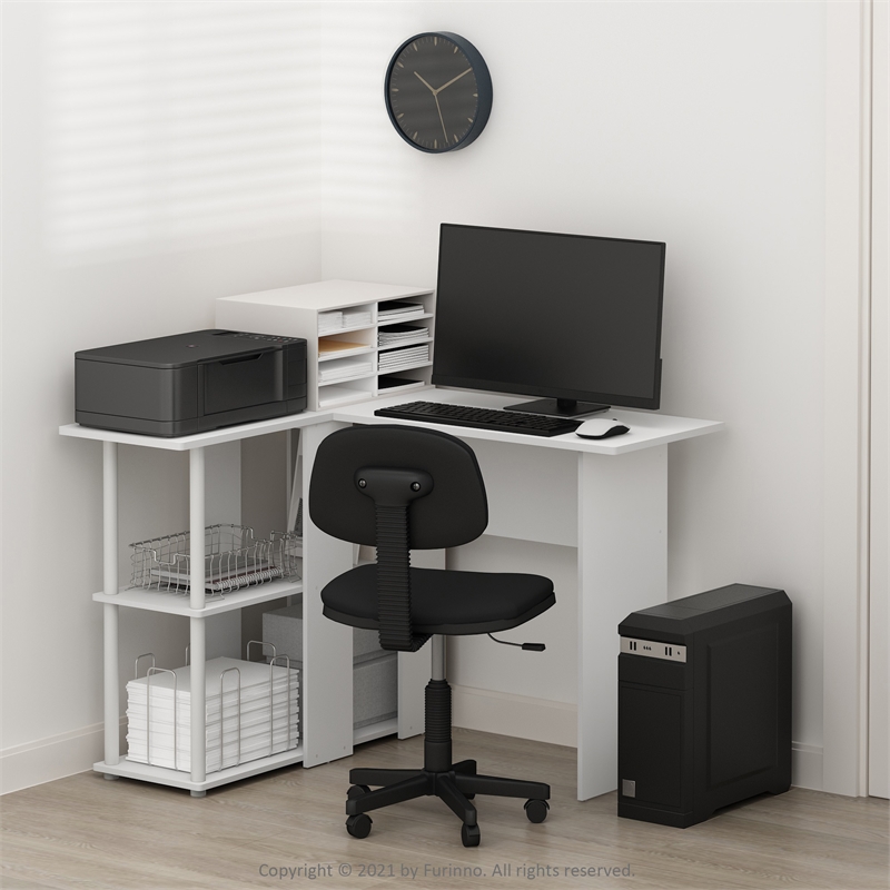 Furinno Abbott L-Shape Desk with Bookshelf in White/White