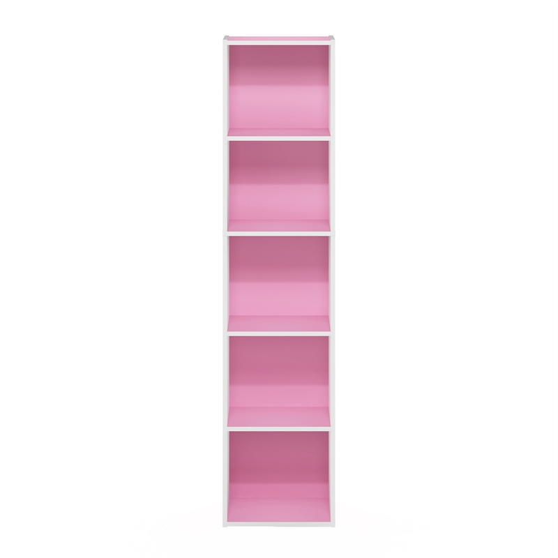Furinno PASIR 5-Tier Open Shelf Bookcase in Pink/White