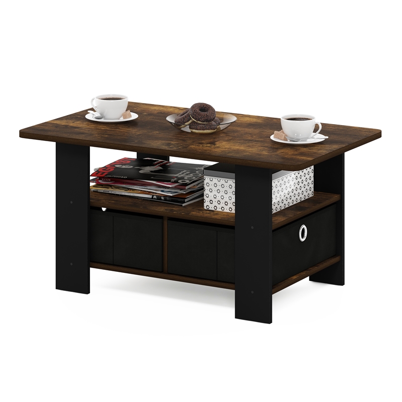 Furinno ANDREY Coffee Table with Bin Drawer in Amber Pine/Black