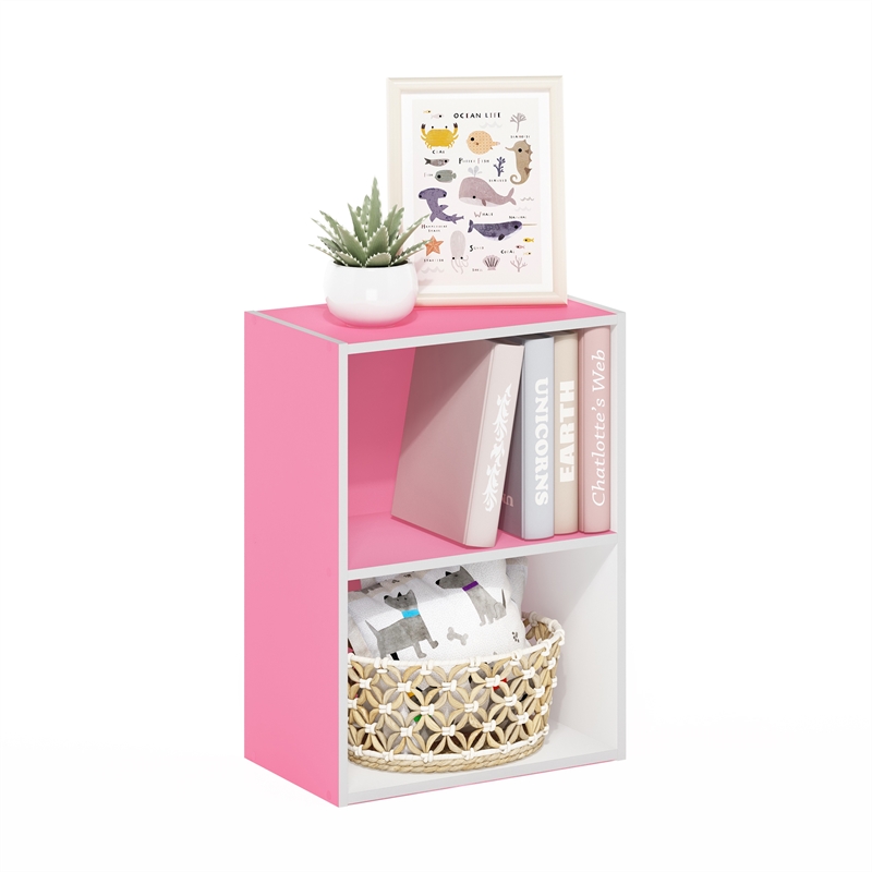 Furinno LUDER 2-Tier Open Shelf Bookcase in Pink/White