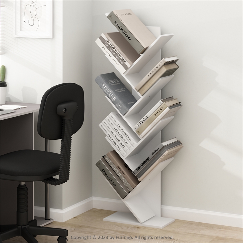 Furinno Tree Bookshelf 9-Tier Floor Standing Tree Bookcase in White
