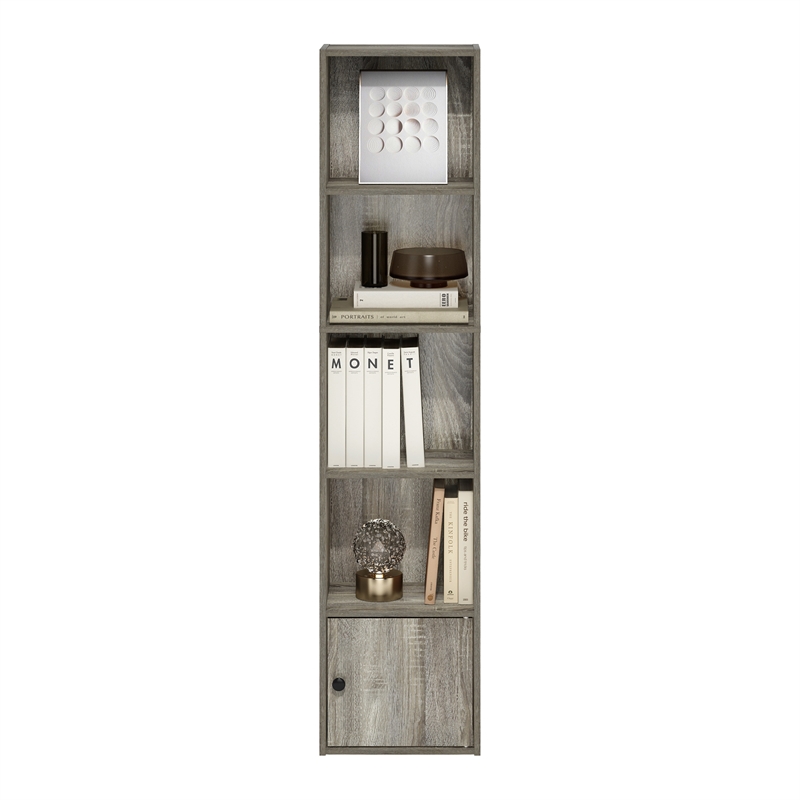Furinno LUDER 5-Tier Shelf Bookcase with 1 Door Storage Cabinet in French Oak