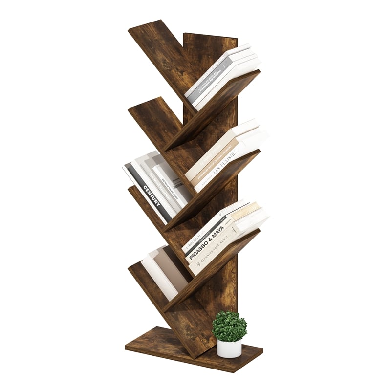 Furinno Tree Bookshelf 7-Tier Floor Standing Tree Bookcase in Amber Pine