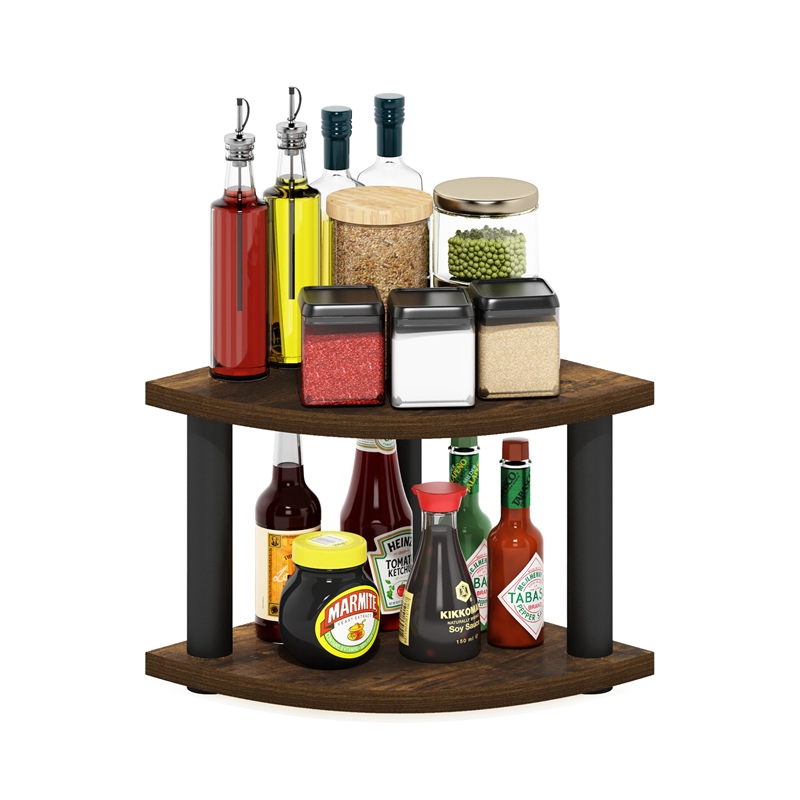 Furinno TURN-N-TUBE 2-Tier Corner Countertop Organizer Shelf in Amber Pine/Black