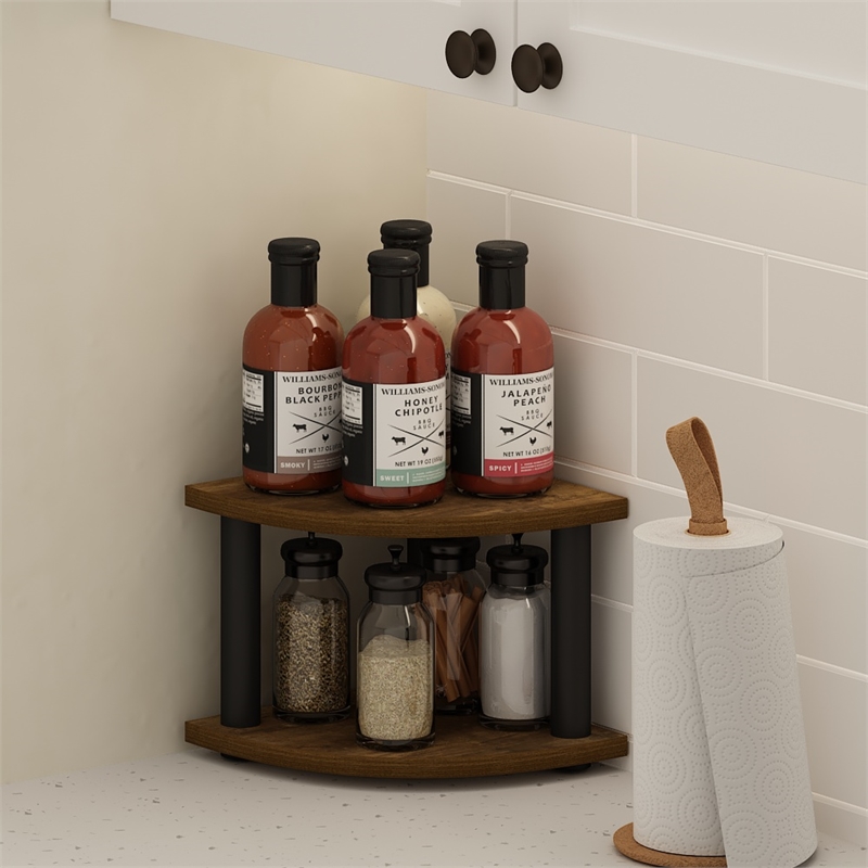 Furinno TURN-N-TUBE 2-Tier Corner Countertop Organizer Shelf in Amber Pine/Black