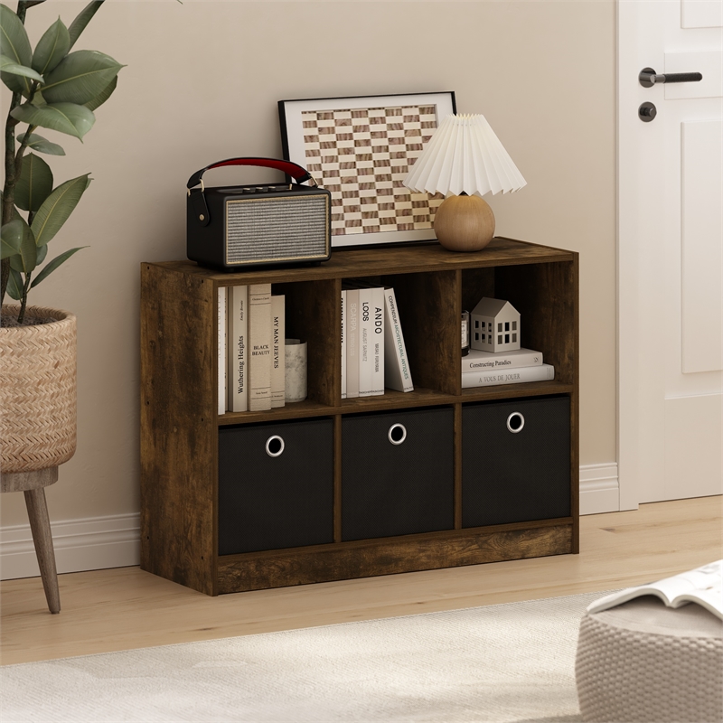 Furinno BASIC 3x2 Bookcase Storage w/Bins in Amber Pine/Black