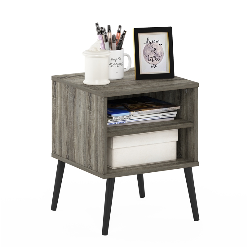 Furinno Claude Mid Century Style End Table with Wood Legs in French Oak Grey