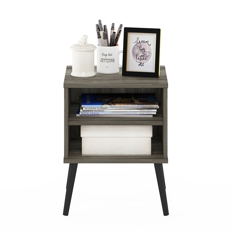 Furinno Claude Mid Century Style End Table with Wood Legs in French Oak Grey